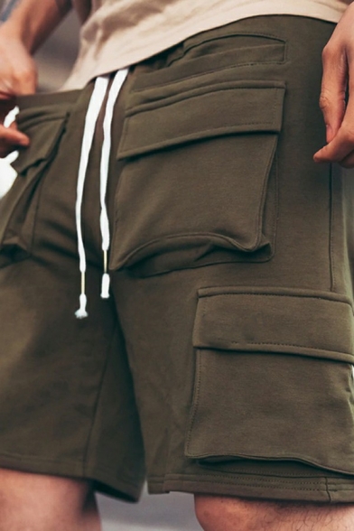 Men Simple Shorts Plain Drawstring Waist Flap Pocket Mid Rise Cargo Shorts