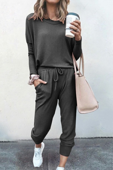Popular Women's Co-ords Plain Fitted Round Neck Sweatshirt with Drawstring Waist Pants