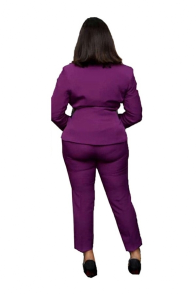 Simple Women Suit Co-ords Solid Color Belt Designed Shawl Collar Blazer with Pants Set