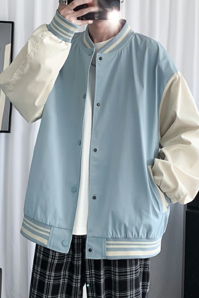 Stylish Bomber Jacket Contrast Line Button down Loose Stand Collar Bomber Jacket for Men
