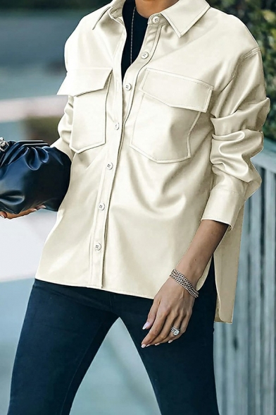 Trendy Ladies Jacket Plain Turn-Down Collar Single Breasted Long Sleeve Leather Jacket