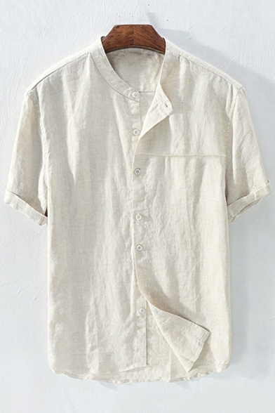 Boys Retro Shirt Whole Colored Round Neck Short Sleeves Regular Button Placket Shirt