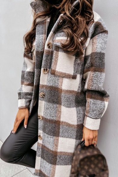 Classic Jacket Plaid Printed Button-up Turn-Down Collar Tunic Flap Pocket Jacket for Women