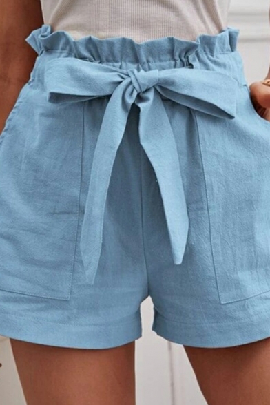 Classic Women Shorts Solid Color Pocket Bow Front Elasticated High Waist Shorts