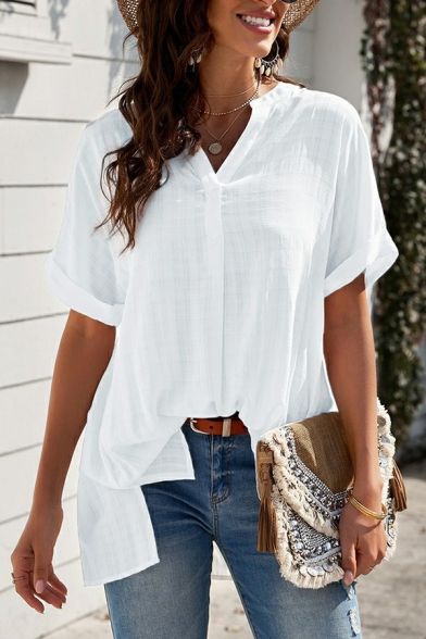 Edgy Women Shirt Solid Button down V-neck Short-sleeved Regular Pleated Detail Shirt