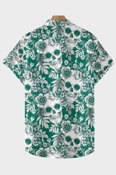 Guy's Modern Shirt Skull Printed Spread Collar Short-sleeved Regular Fit Button down Shirt