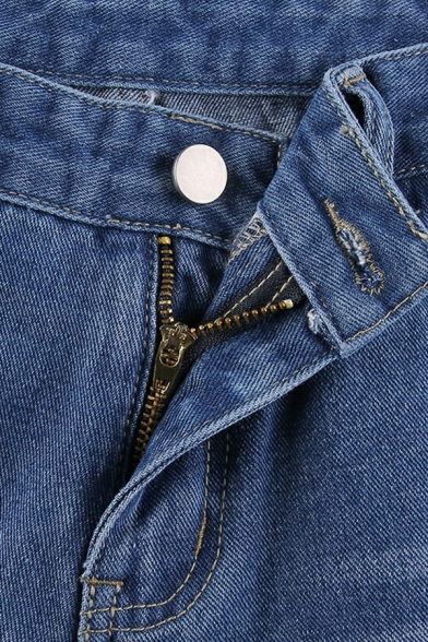 Ladies Cool Jeans Graffiti Printed Low Waist Zip Fly Bleach Side Pocket Jeans