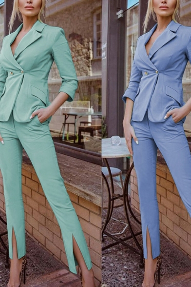 Popular Women's Suit Co-ords Plain Notched Lapel Blazer with Split Hem Pants Set