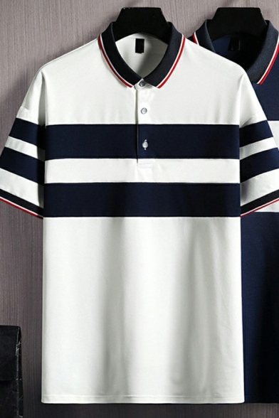 Casual Polo Shirt Color Panel Short-sleeved Regular Fit Button Detail Polo Shirt for Men