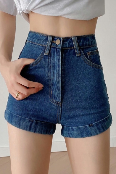 Casual Womens Shorts Pure Color High Waist Pocket Zip down Turn Up Denim Shorts