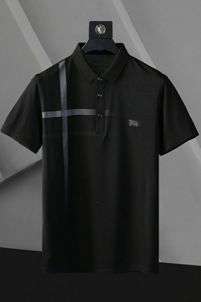 Dashing Polo Shirt Stripe Print Button Detail Point Collar Short Sleeve Polo Shirt for Men