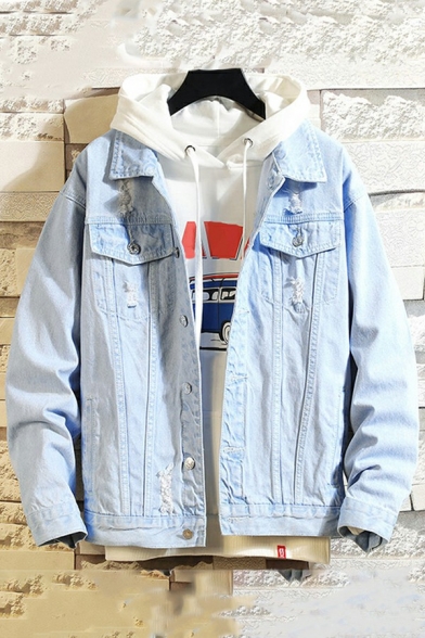 Fashion Guys Jacket Pure Color Fitted Pocket Spread Collar Long Sleeve Button Denim Jacket