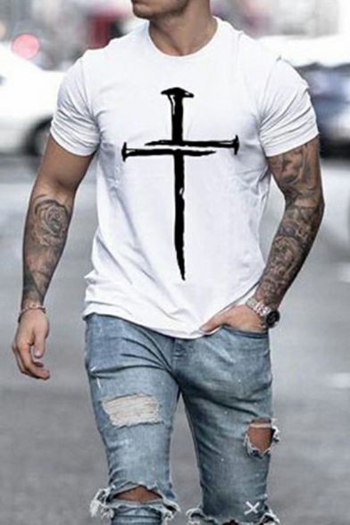 Men Boyish Tee Shirt Cross Print Short Sleeve Skinny Round Collar T-shirt