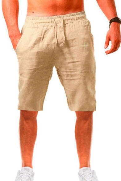 Men Vintage Shorts Plain Pocket Designed Drawstring Waist Mid Rise Regular Linen Shorts