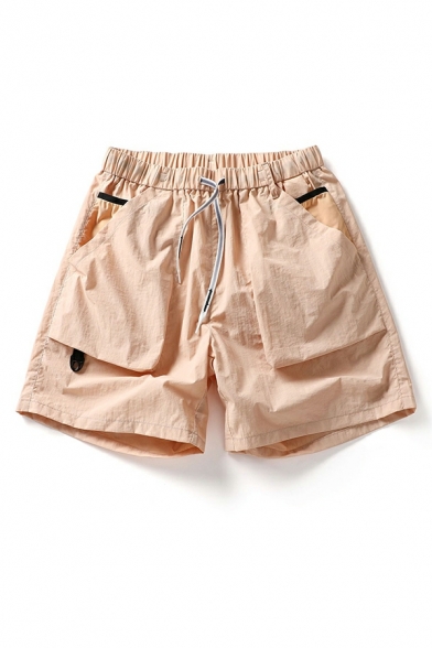 Modern Boy's Shorts Solid Front Pocket Decoration Drawstring Waist Baggy Cargo Shorts