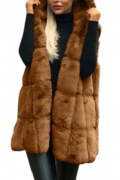 Modern Ladies Vest Whole Colored Open Front Hooded Tunic Faux Fur Vest