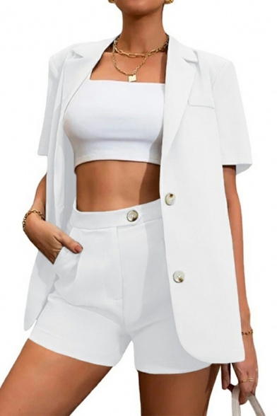 Modern Women's Suit Co-ords Plain Notched Lapel Blazer with High Waist Shorts Set