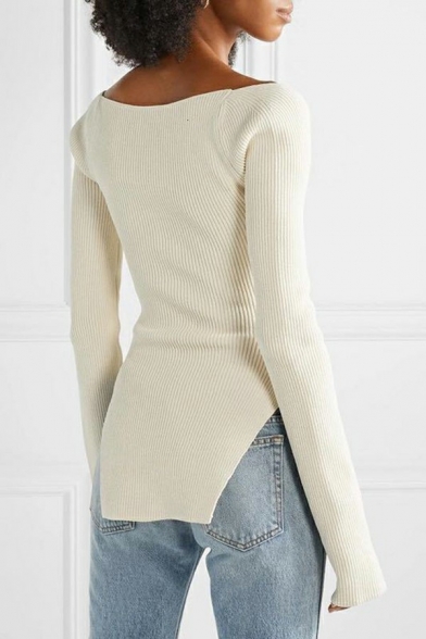 Sexy Women's Crop Knit Top Plain Asymmetric Hem Long Sleeve Off The Shoulder Knit Top