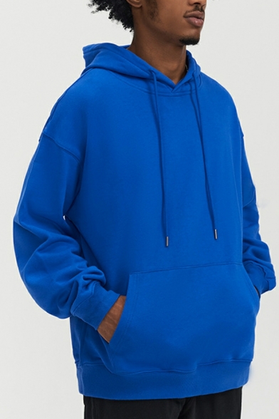 Street Style Hoodie Whole Colored Hooded Long Sleeve Relaxed Drawstring Hoodie for Men