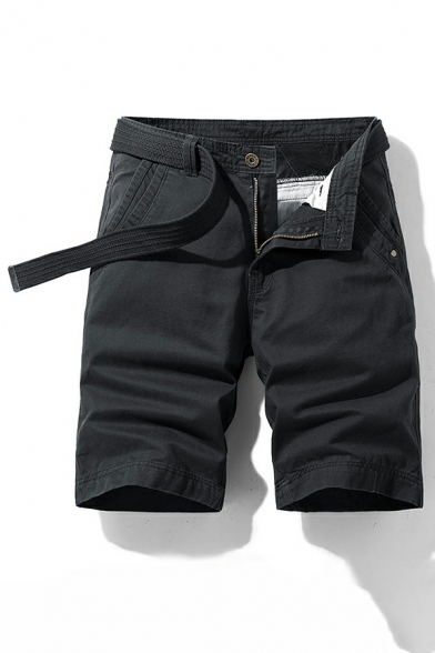 Street Style Men's Shorts Pure Color Fitted Pocket Detail Mid Rise Zipper Cargo Shorts