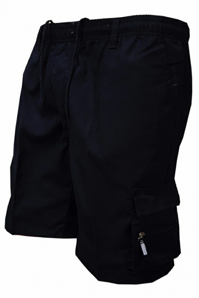 Trendy Guy's Shorts Pure Color Flap Pocket Mid Rise Regular Drawstring Waist Shorts