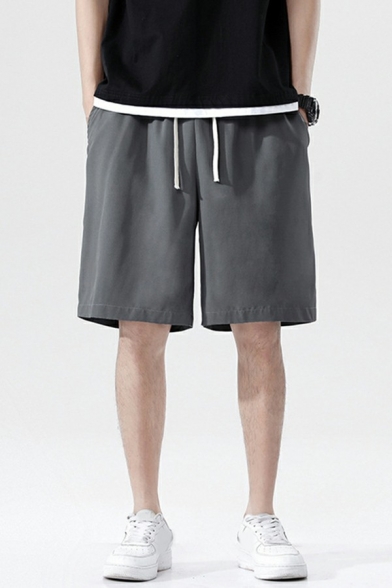 Trendy Men's Shorts Pure Color Elastic Waist Side Pocket Baggy Drawcord Shorts