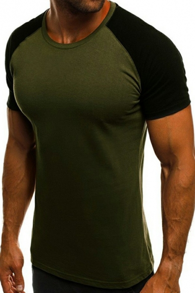 Unique Men's Tee Shirt Color-blocking Short-sleeved Round Collar Skinny T-Shirt