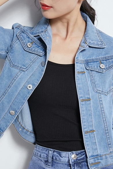 Women Basic Jacket Solid Button Up Front Pocket Turn-Down Collar Denim Jacket