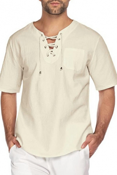 Elegant Guy's Tee Shirt Solid Color Lace-up Detail Round Neck Short Sleeve Regular Tee Top