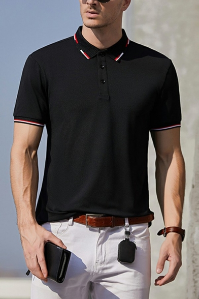 Elegant Polo Shirt Contrast Line Short Sleeve Point Collar Fitted Polo Shirt for Men