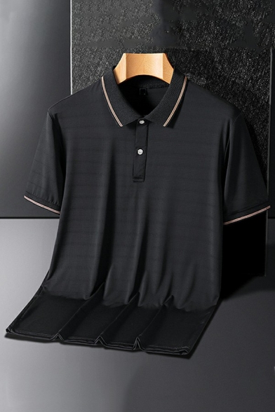 Guy's Modern Polo Shirt Stripe Pattern Button down Short Sleeve Spread Collar Polo Shirt