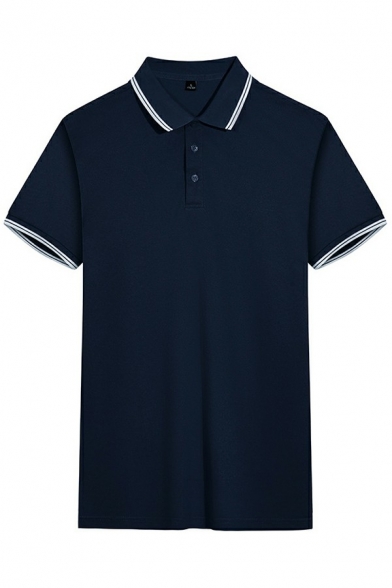 Guys Boyish Polo Shirt Striped Print Spread Collar Short Sleeves Fitted Button Polo Shirt