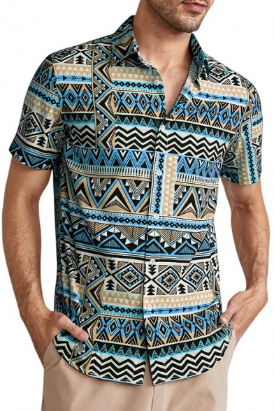 Guys Fashionable Shirt Tribal Pattern Short Sleeves Turn-down Collar Button Down Shirt