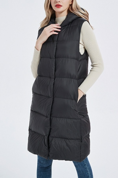 Ladies Elegant Vest Solid Hooded Sleeveless Regular Fit Hooded Zip Up Long Length Vest