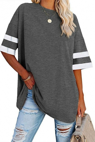 Ladies Simple Tee Shirt Contrast Stripe Half-Sleeved Crew Collar Relaxed T-shirt
