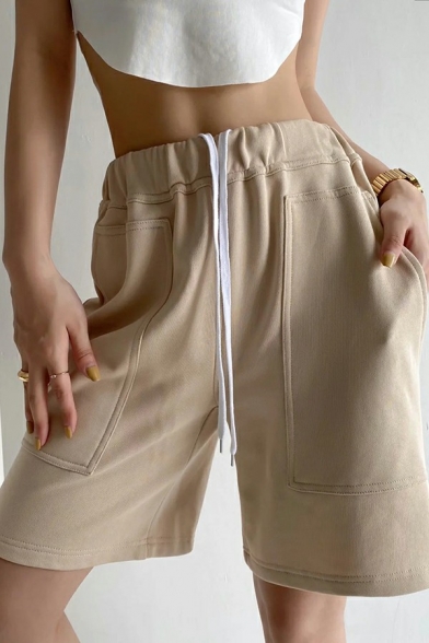 Leisure Girls Shorts Solid Drawstring Waist Big Pocket High Rise Split Hem Loose Shorts