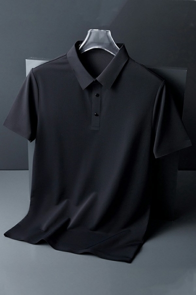 Modern Polo Shirt Plain Short Sleeve Point Collar Button-up Polo Shirt for Men