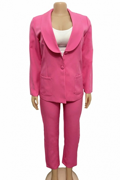 Modern Women Suit Co-ords Solid Color One Button Shawl Collar Blazer with Pants Set