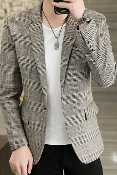 Popular Boy's Blazer Plaid Print Lapel Collar Flap Pocket Long Sleeve Single Button Blazer