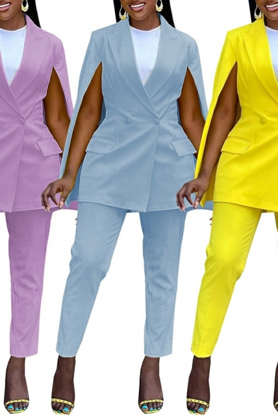Popular Women's Suit Co-ords Plain Notched Lapel Long Cape Sleeve Blazer with Pants Set
