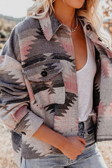 Retro Womens Jacket Geometric Print Turn-Down Collar Single Breasted Long Sleeve Jacket