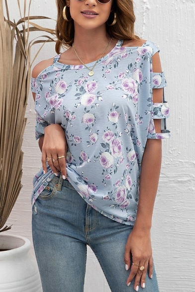 Simple Ladies T-Shirt Floral Patterned Round Neck Hollow Out Half Sleeve T-Shirt