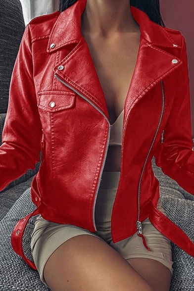 Simple Women's PU Jacket Plain Pocket Buckle Belt Notched Lapel Long Sleeve Leather Jacket