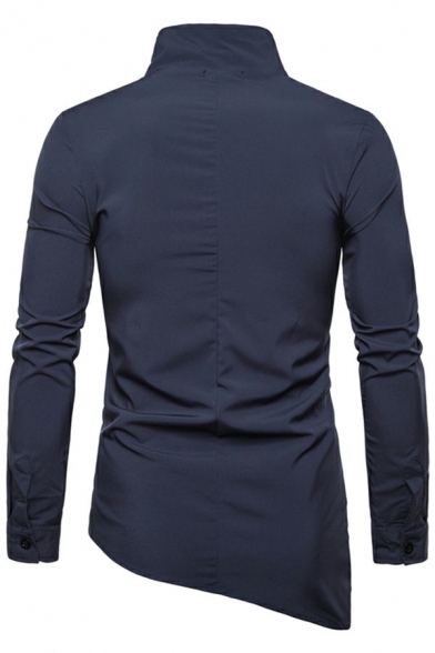 Vintage Men Shirt Solid Stand Neck Long Sleeves Slimming Irregular Hem Button Shirt