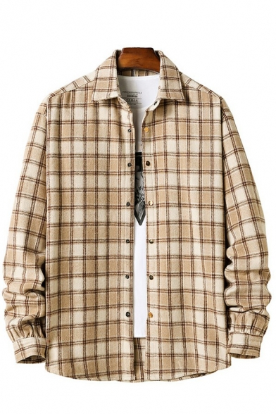 Boy's Stylish Shirt Checked Print Button Fly Spread Collar Long Sleeves Loose Fit Shirt