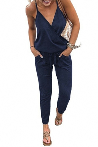 Cool Women's Jumpsuits Solid Color Drawcord Spaghetti Strap Pocket V-Neck Jumpsuits
