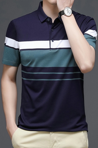 Cozy Men Polo Shirt Stripe Printed Button Turn-down Collar Short Sleeves Fitted Polo Shirt