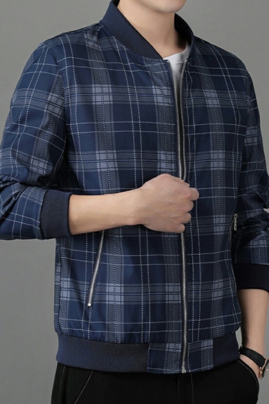Creative Jacket Checked Pattern Pocket Stand Collar Zip Closure Baseball Jacket for Men