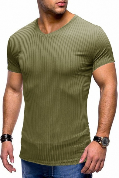 Dashing Tee Shirt Striped Pattern V-neck Short-sleeved Slim Fitted T-Shirt for Boys