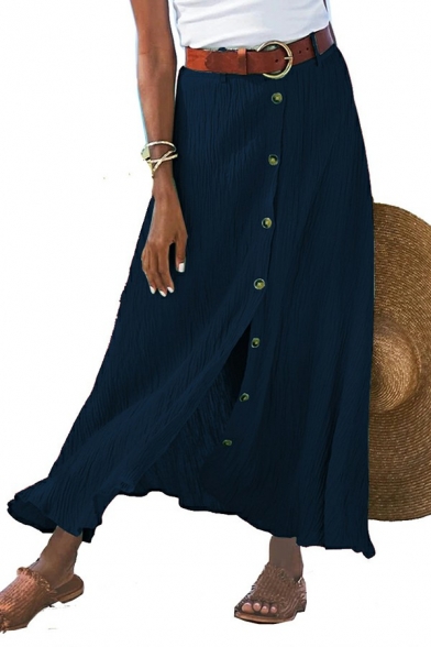 Fancy Ladies Skirt Solid Color Button Detail Broomstick Maxi Skirt
